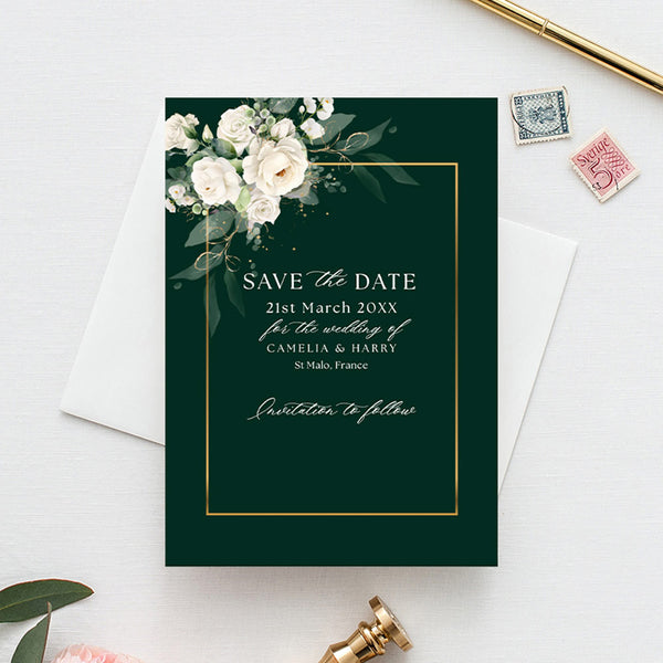 Dark Green and White Rose Save the Dates