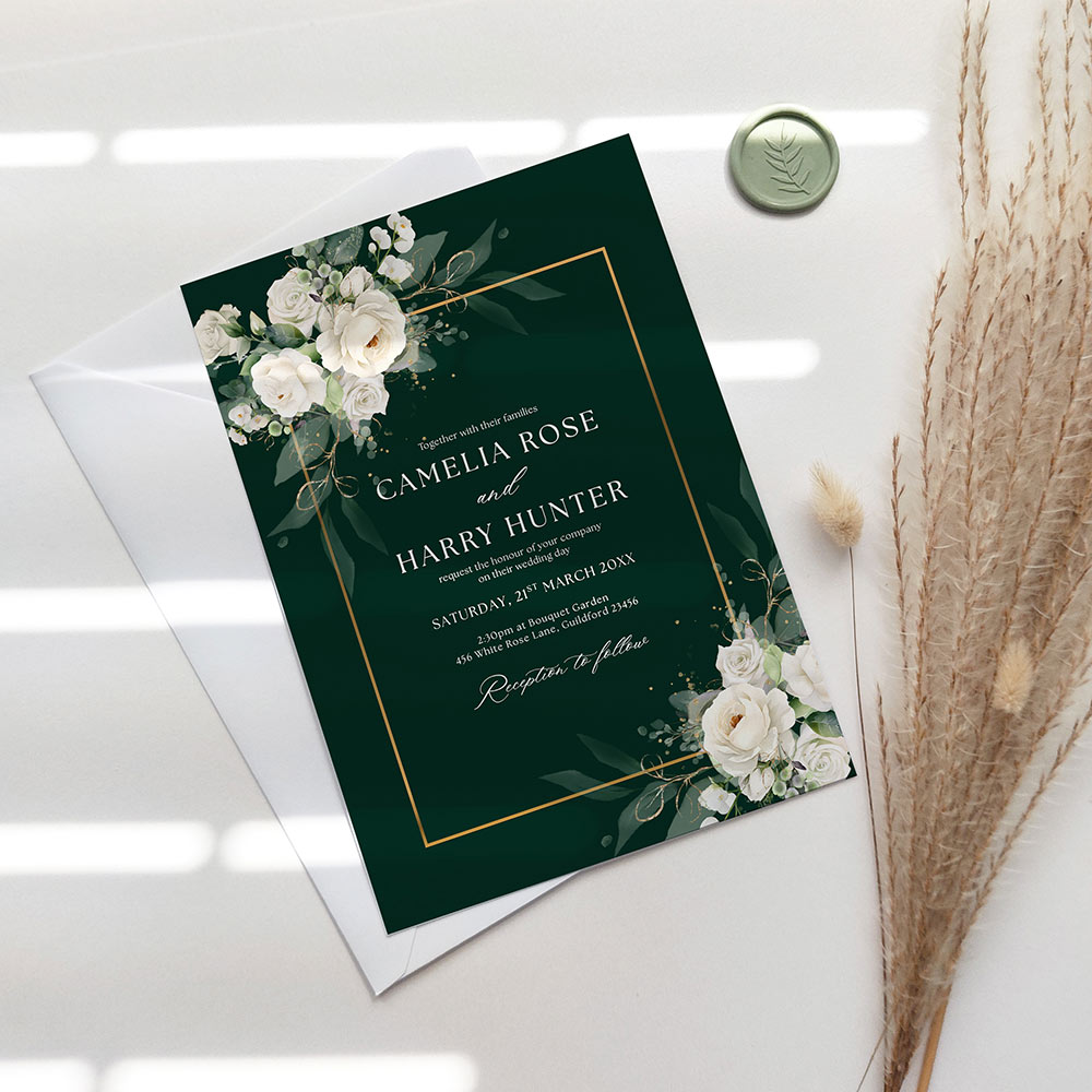 Elegant dark green and white rose wedding invitations