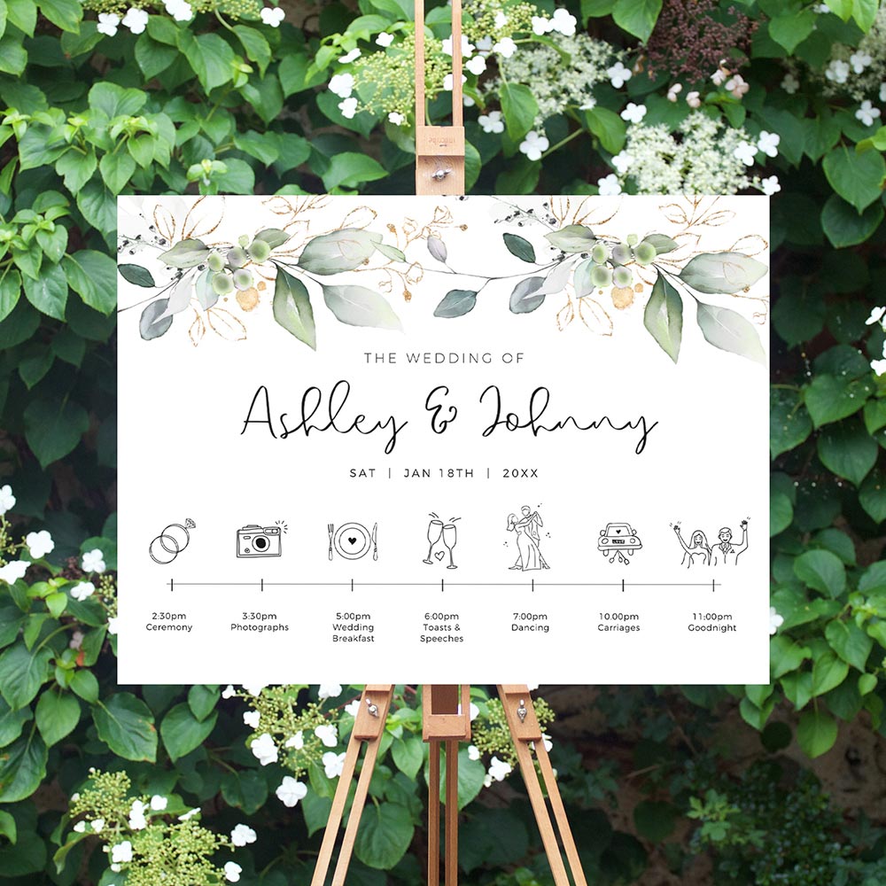 Eucalyptus Wedding Welcome Sign with Timeline