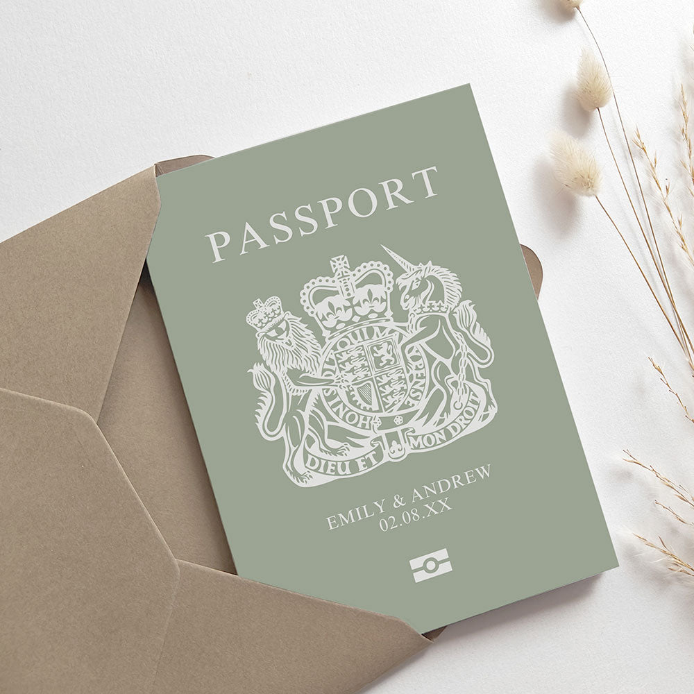 Sage Green passport Wedding Invitation
