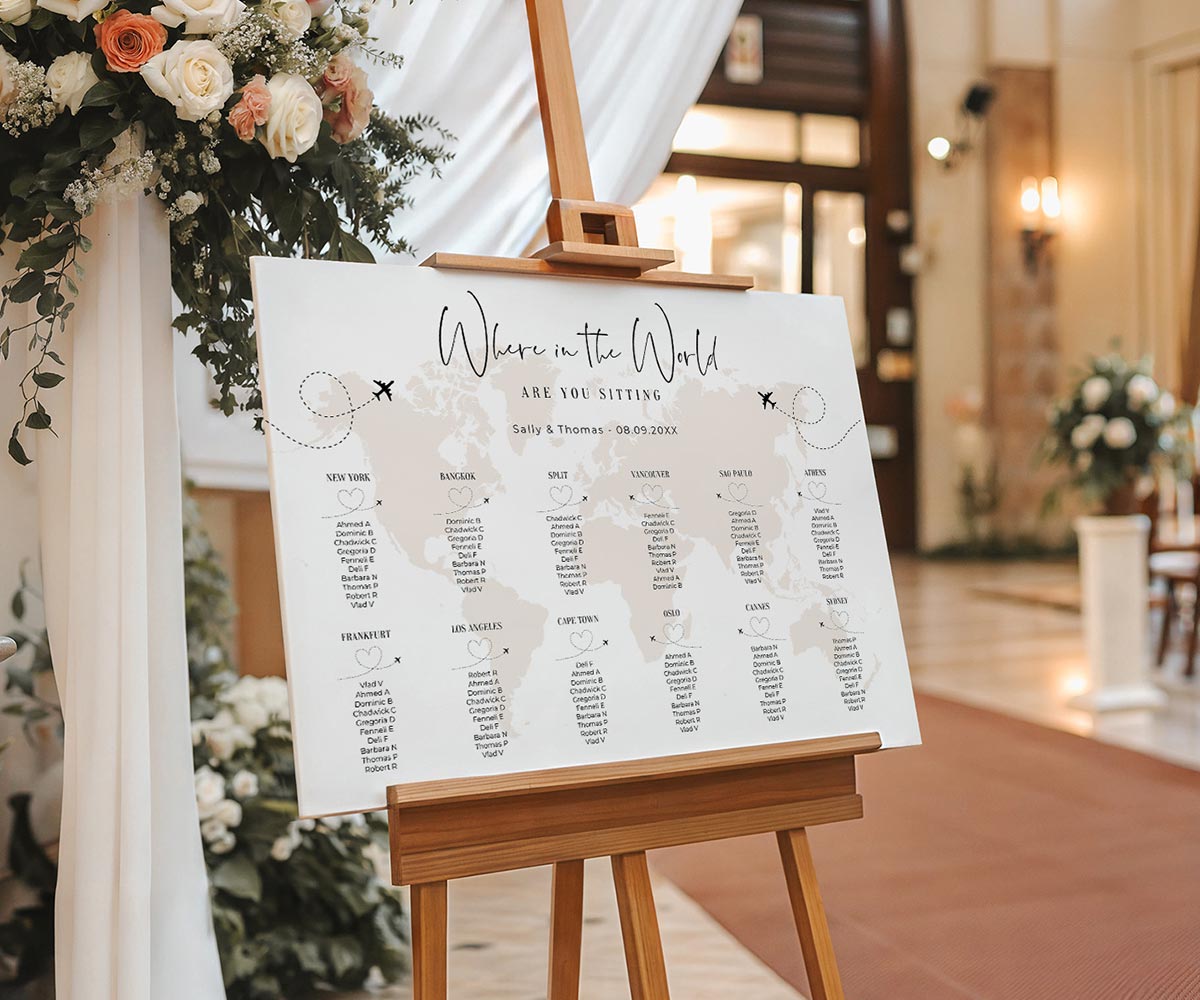 World Map Wedding Table Plan - Connie & Joan