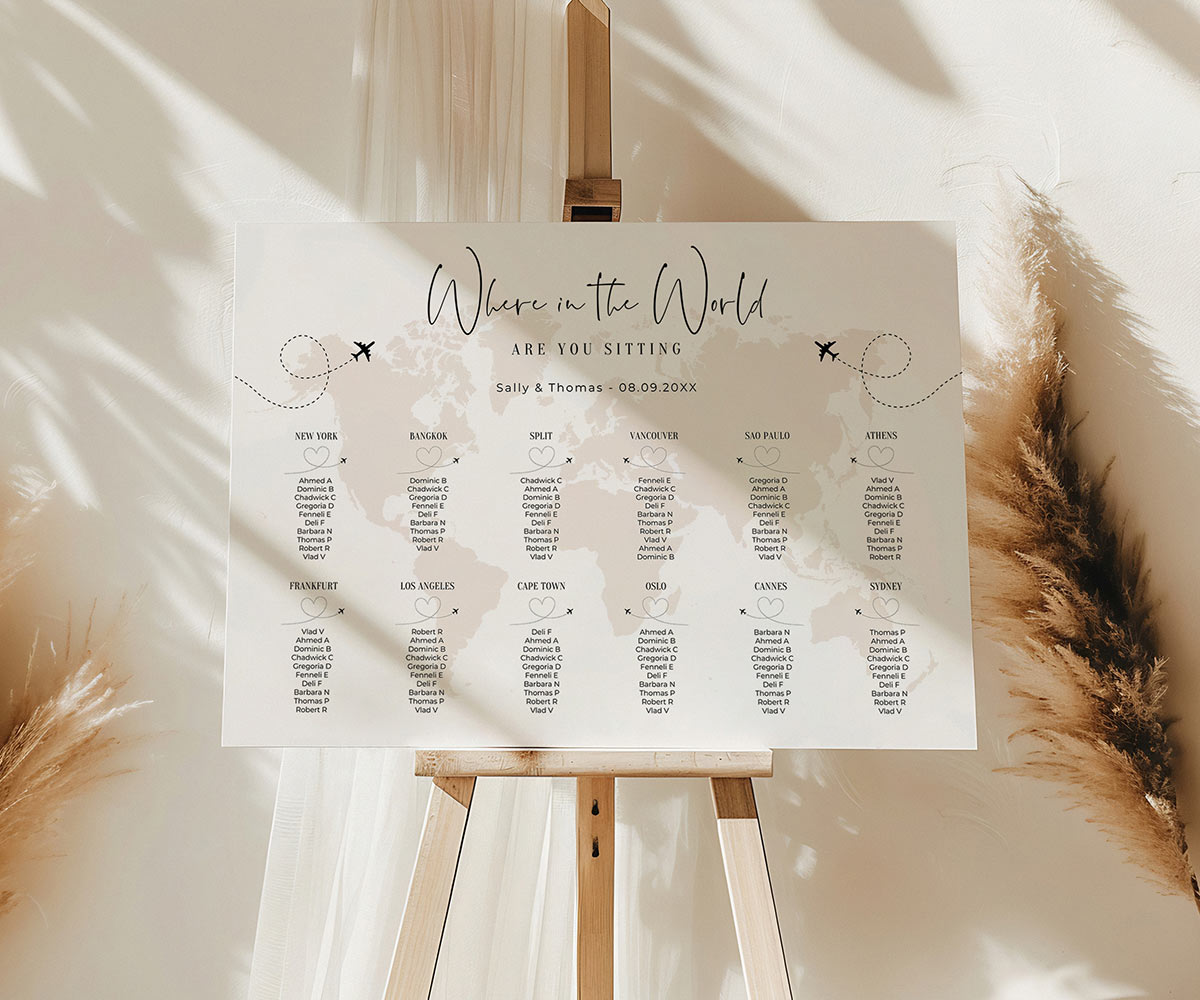 World Map Wedding Table Plan - Connie & Joan